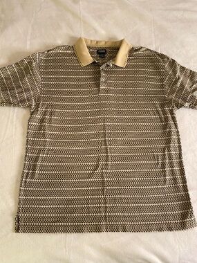 Men's pink golf shirt size large polo tan brown and black Bay tree